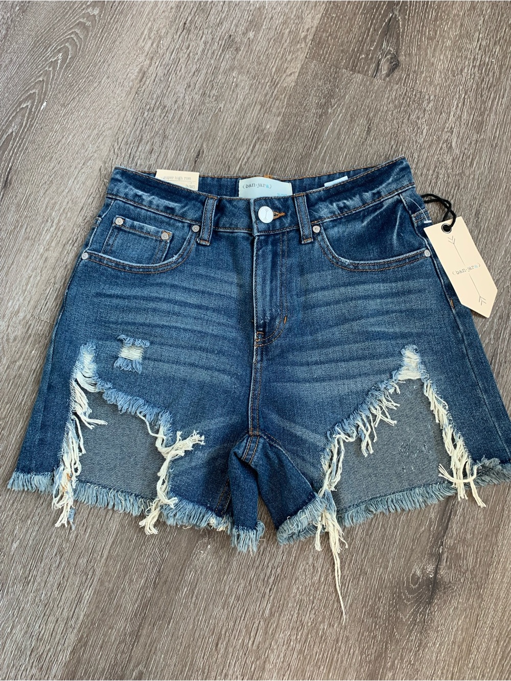 High-Rise Distressed Women's Denim Shorts - Dark Blue Wash (Juniors)
